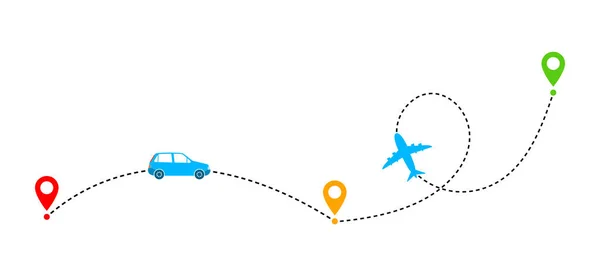 Konzept Der Anreise Mit Auto Und Flugzeug Vektorillustration Reiseroute Oder — Stockvektor