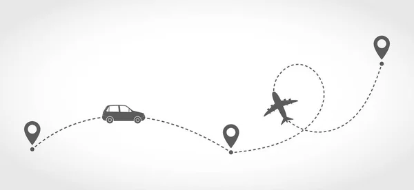 Araba Uçak Ile Seyahat Kavramı Vektör Çizim Seyahat Rota Veya — Stok Vektör
