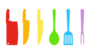 Siluetleri mutfak aksesuarları. Vektör çizim. Renkli Mutfak araçları, izole set