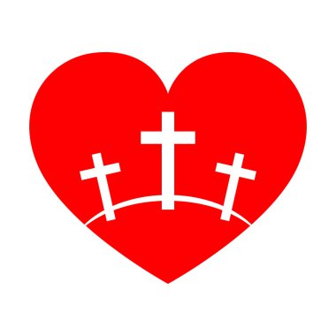 Kalp şekli ile Calvary sembolü. Vektör çizim. Golgota, kırmızı simge