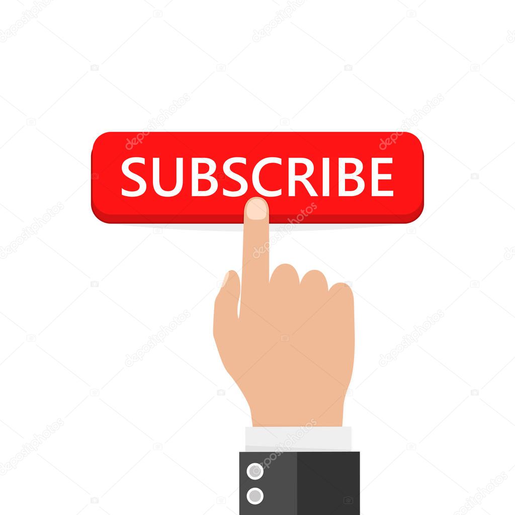 Click the button to subscribe. Vector illustration. Hand presses the subscribe button