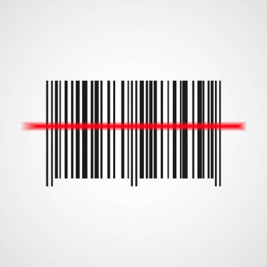 Barkod tarayıcı simgesi. Vektör çizim. Siyah barkod ile kırmızı lazer ışık.