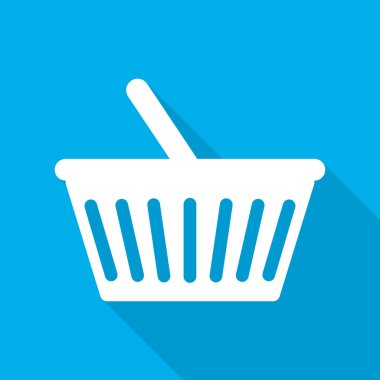 Beyaz alışveriş sepeti simgesini mavi zemin üzerine uzun gölge ile. Vektör çizim. Düz stil alışveriş sepeti simgesini