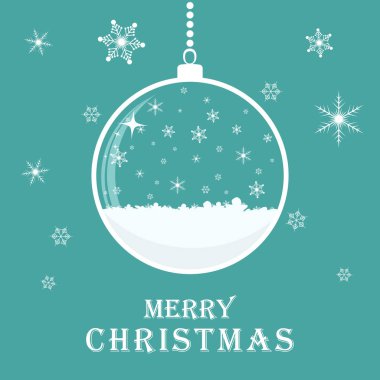 Noel tebrik kartı arka cam Noel top ile. Vektör çizim. Kar taneleri ile Noel top asılı