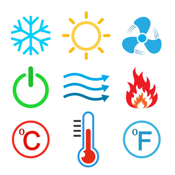 Set of conditioning icons. Vector illustration. Hot, cold, air, power, temperature.