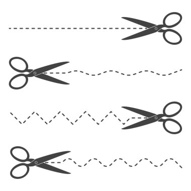 Siyah makasla kesme hatları ile ayarlayın. Vektör çizim. Noktalı çizgi simgesiyle kağıt kesme.