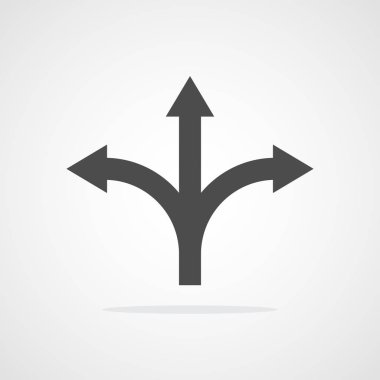 Düz stil üç yollu Yön ok. Vektör çizim. İzole yol yön simgesi.