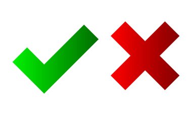 Evet ve hiçbir onay işaretleri. Vektör çizim. Beyaz zemin üzerine kırmızı ve yeşil onay işareti.