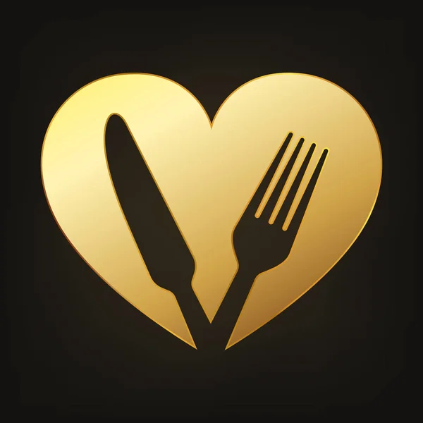 Золотий Значок Здорової Їжі Векторні Ілюстрації Вилка Ніж Формі Серця — стоковий вектор