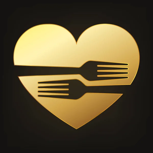 Золотий Значок Здорової Їжі Векторні Ілюстрації Дві Вилки Формі Серця — стоковий вектор