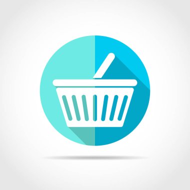 Düz çizmek ile uzun gölge beyaz alışveriş sepetine. Vektör çizim. Alışveriş Sepeti simgesini mavi yuvarlak düğmesini.