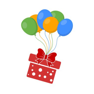 Gift box flying on balloons. Vector illustration. Red gift box isolated