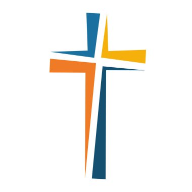 Renkli Hıristiyan simgesi çapraz. Vektör çizim. Beyaz arka plan doğrusal Hristiyan çarmıhta soyut.