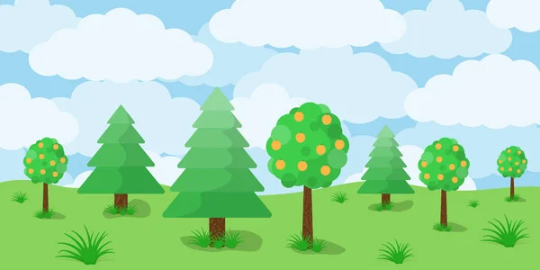 Paysage pittoresque avec des arbres dans la prairie. Illustration vectorielle . — Image vectorielle