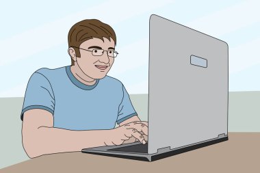 El çizilmiş tarzı dizüstü bilgisayar ile Adam. Vektör İllüstrasyonu.