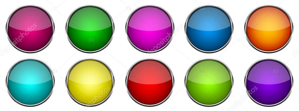 Set of 3D round buttons. Vector illustration. Bright glossy buttons isolated on white background.