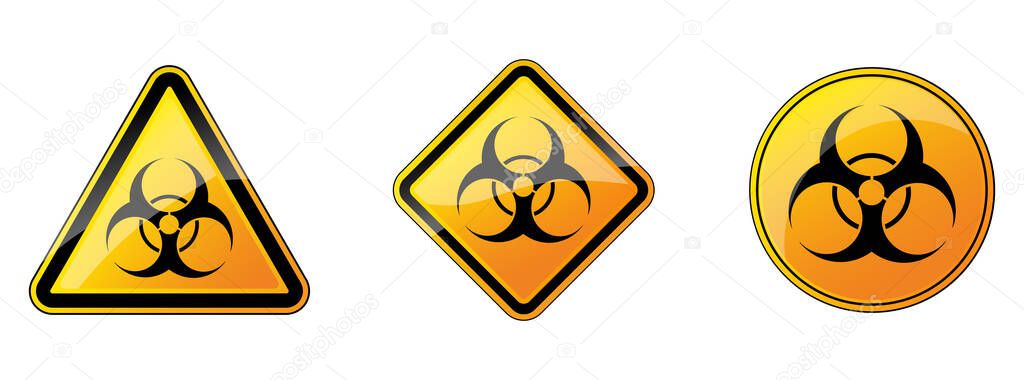 Biohazard sign. Set of biohazard danger signs. Vector illustration. Warning symbols. Yellow hazard sign