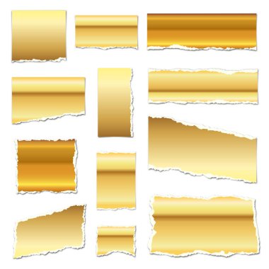 Yırtılmış altın kağıt. Gölgeli kağıt parçaları. Altın kağıt parçaları izole edilmiş. Vektör çizimi. Yırtılmış kağıt şeritler