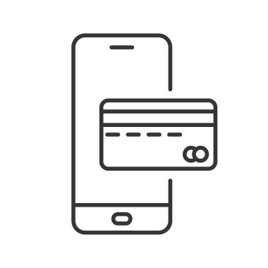 Akıllı telefon ve kredi kartı ikonu izole edildi. Siyah doğrusal simge. Ödeme vektör simgesi. Vektör illüstrasyonu.