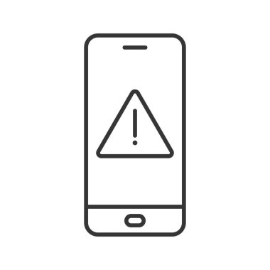 Uyarı sembollü akıllı telefon. Cihaz ekranında alarm işareti var. Siyah doğrusal simge izole edildi. Vektör çizimi. Uyarı sembollü akıllı telefon