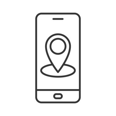 Harita broşlu akıllı telefon. Mobil GPS simgesi. Akıllı telefon için navigasyon uygulaması. Siyah doğrusal simge izole edildi. Vektör illüstrasyonu.