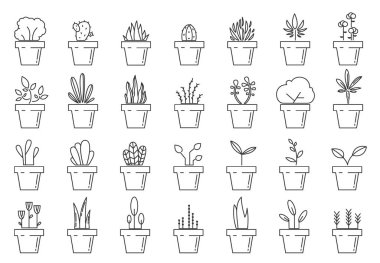 Çiçek saksısı doğrusal simgeleri. Saksıda bir çiçek seti. Tencereye saklanmış bitki. Çiçek ikonları. Vektör illüstrasyonu