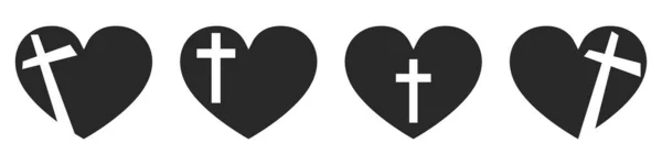 クリスチャンの十字アイコンとハート形 隔離された宗教シンボルのセット ベクトルイラスト キリスト教徒の十字アイコン 愛のシンボル — ストックベクタ