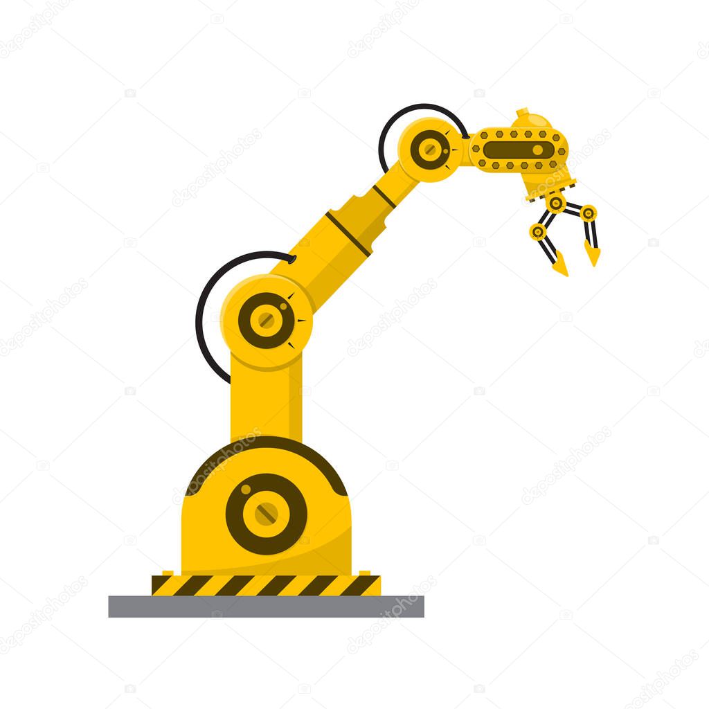 Robot arm on white background. Mechanical hand. Vector illustration. Modern technical manipulator at the factory.