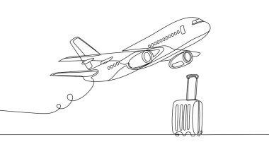 Uçak ve bavul aynı sanat tarzında. Beyaz arka planda siyah çizilmiş uçak ve bavul çizimi. Vektör illüstrasyonu.