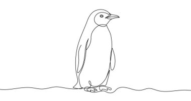 Penguen tek satırlık sanat tarzında. Beyaz arka planda siyah inme olan penguen çizimi. Vektör illüstrasyonu.