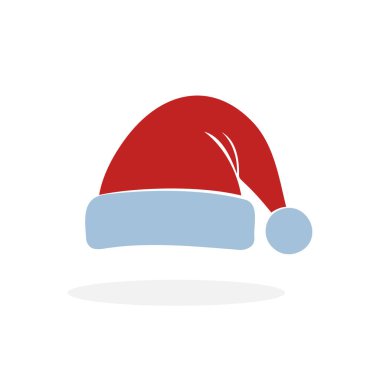 Noel şapkasının düz çizimi. Mavi kürkü ve ponponu olan kırmızı Noel Baba şapkası. Vektör illüstrasyonu.