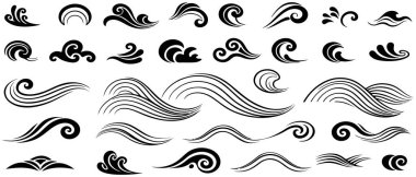 Siyah dalgalı çizgiler ve girdaplar. Beyaz zemin üzerinde siyah dalga benzeri elementler izole edilmiş. Vektör illüstrasyonu.