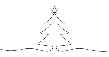 Noel ağacı tek sıra sanat tarzında. Beyaz arka planda siyah renkte çizilmiş bir Noel ağacı resmi. Vektör illüstrasyonu.