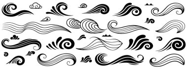 Siyah dalgalı çizgiler ve girdaplar. Beyaz zemin üzerinde siyah dalga benzeri elementler izole edilmiş. Vektör illüstrasyonu.