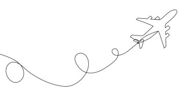 Uçuş güzergahı sanat tarzında olan yolcu uçağı. Düzenlenebilir siyah felçli uçak çizimi. Vektör illüstrasyonu.