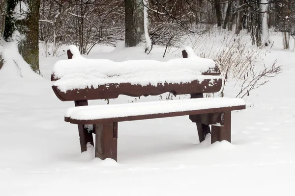Verschneite Holzsitzbank im Park im Winter — Stockfoto