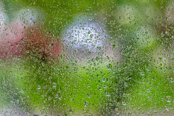 Fond Flou Abstrait Gouttes Pluie Paysage Derrière Vitre Balcon — Photo