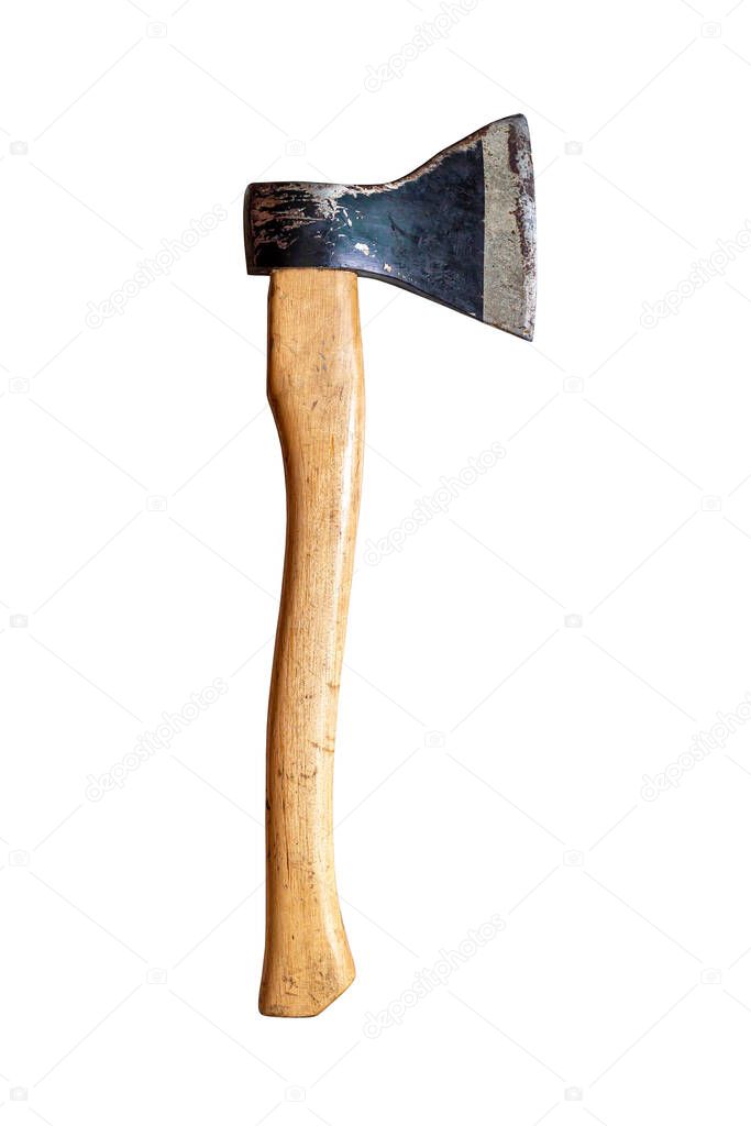 An old carpenter's axe with a wooden handle, isolated on a white surface. Carpentry and woodworking tools
