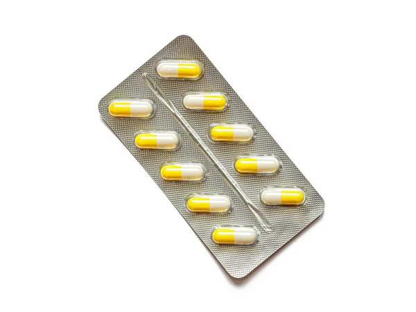 Blister Pack Made Plastic Foil White Yellow Gelatin Capsules Isolated — Stock Photo, Image