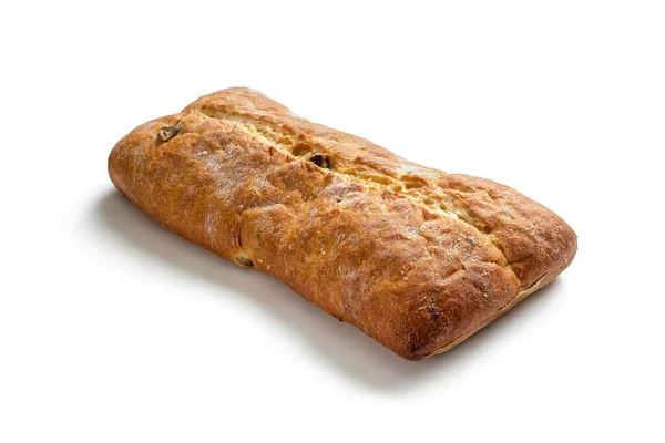 加橄榄 意大利白面包的查巴塔 由面粉和脆皮制成 背景为白色 — 图库照片