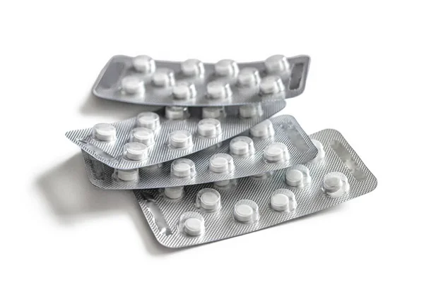 Several Blister Packs White Tablets Prescribed Doctor Isolated White Background — Stock Photo, Image