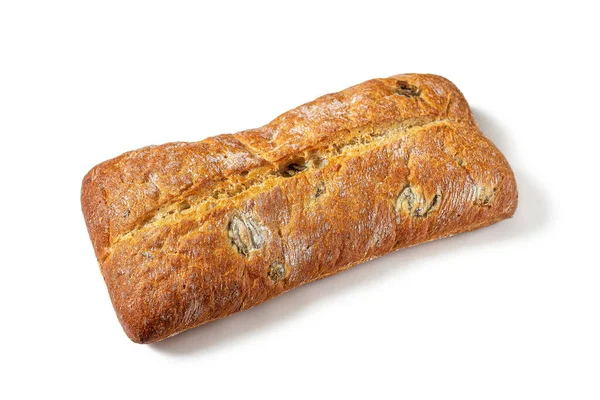 Nybakat Italienskt Ciabatta Bröd Med Oliver Och Krispig Gyllene Skorpa — Stockfoto