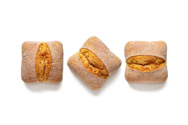 Drie Kleine Italiaanse Ciabatta Brood Met Een Snede Een Gouden — Stockfoto