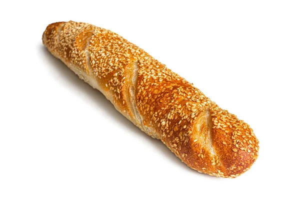 Fransk Vetemjöl Baguette Med Gyllene Krispig Skorpa Beströdd Med Sesamfrön — Stockfoto