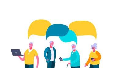 Yaşlı insanlar internette konuşma balonunu tartışıyor. Akıllı telefonlu dizüstü bilgisayarlı üç yaşlı adam ve kadın tartışıyorlar..