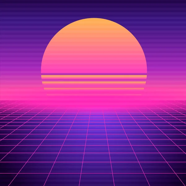 Vaporwave de fondo futurista retro. Red de onda sintética geométrica de neón, espacio de luz con sol poniente . — Vector de stock