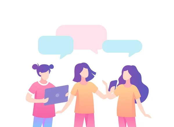 Les adolescentes discutent sur les réseaux sociaux bulle de la parole. Les filles communiquent en ligne . — Image vectorielle