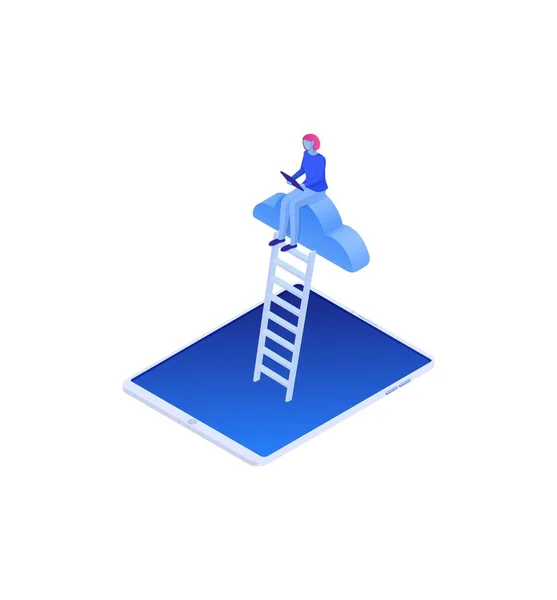 Internet search in cloud storage isometric concept. Connecting to online data warehouse search cloud gateways. — Stock Vector