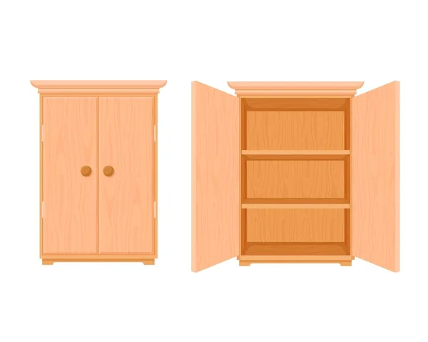 Roupeiro modelo de madeira aberto e fechado. Moderno armário elegante de madeira design elegante . —  Vetores de Stock