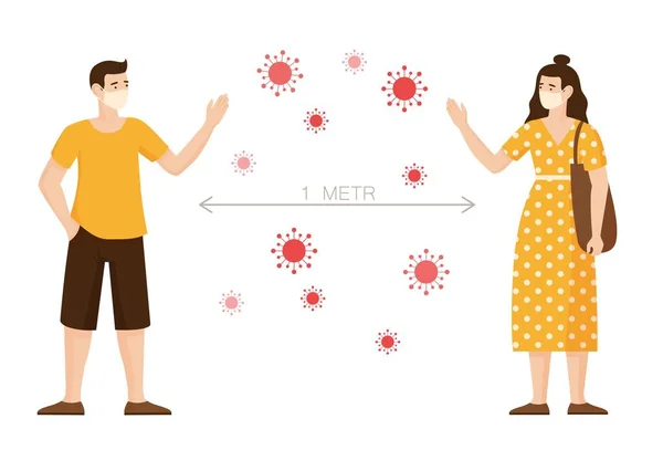 Distancia social en la epidemia de coronavirus. Chica y chico máscara mantener una distancia segura de coronovirus vector . — Archivo Imágenes Vectoriales